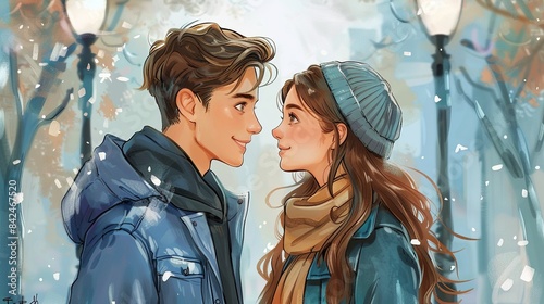 A Handsome Tall Boy Meets a Beautiful Young Girl, Falls in Love at First Sight,  Perfect for a Love Novel Cover, illustration or Computer Wallpaper.