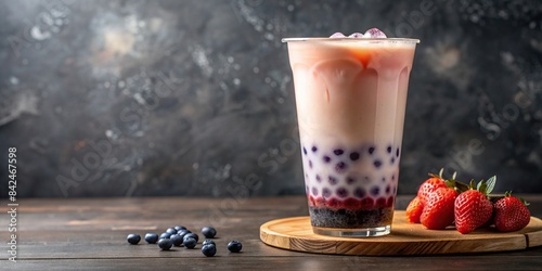 A tall glass filled with a vibrant mix of taro and strawberry milk bubble tea, topped with ice and featuring chewy tapioca pearls, taro bubble tea, strawberry milk tea, bubble tea
