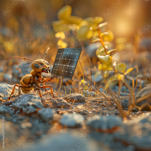 close-up of ant carrying a solar panel; ecological energy sources; energy from the sun; sustainable, environmentally friendly house; sustainability, ecology, ecological; installing solar panels photo