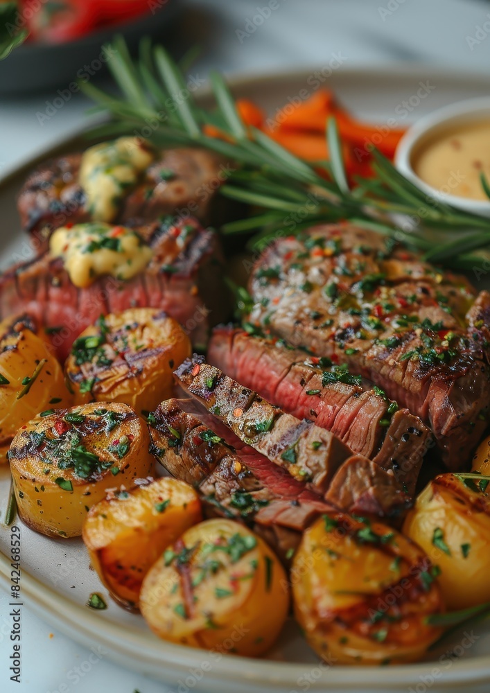 Fototapeta premium Chateaubriand A plate of Chateaubriand steak, perfectly cooked and sliced, served with bÃ©arnaise sauce and roasted vegetables. 