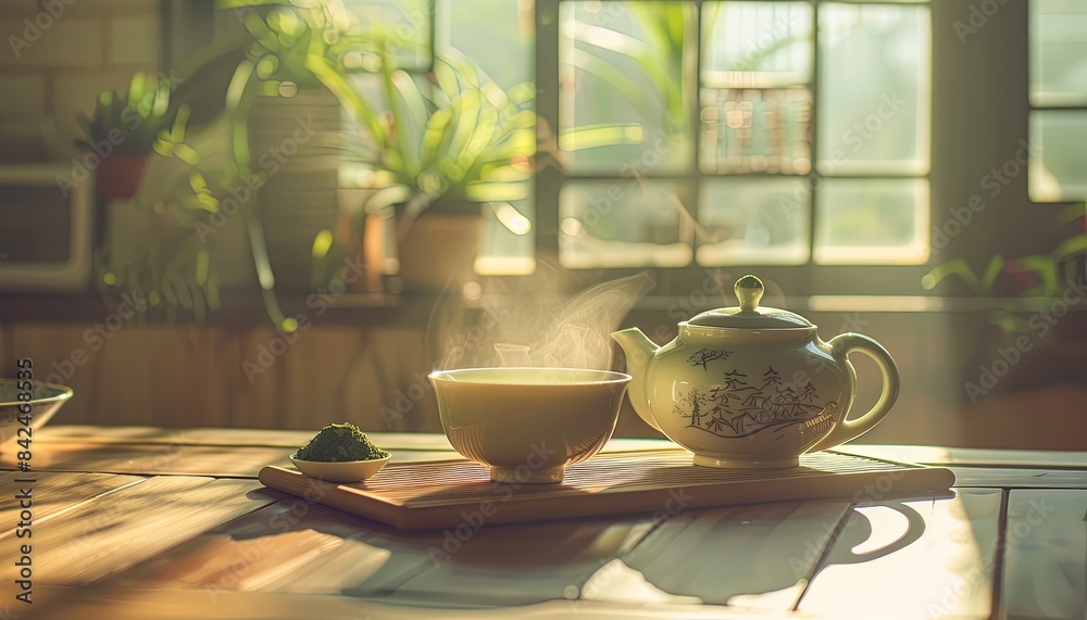 A teapot and a cup of tea sit on a wooden tray on a table A teapot and a cup of tea sit on a wooden tray on a table