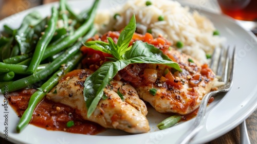 Perfectly plated chicken in tomato sauce, rice, and green beans, studio lighting, isolated background, raw style photo