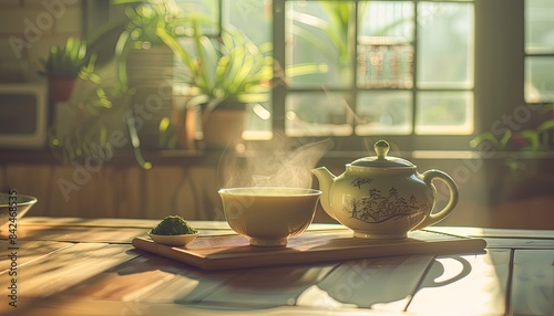 A teapot and a cup of tea sit on a wooden tray on a table © CassiOpeiaZz