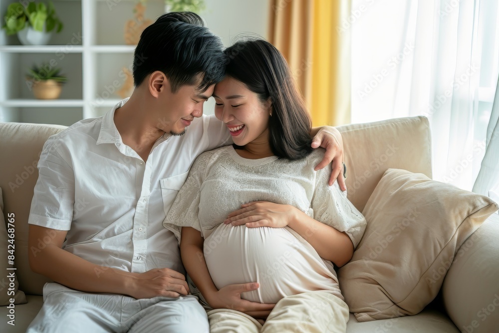 Pregnant asian family woman with her husband Asian couple pregnant woman with her husband feeling happy at home Pregnant asian family woman with her husband Asian couple pregnant woman with her husband feeling happy at home