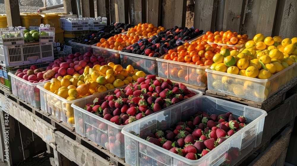 Outdoor market stand with plastic containers packed with fruits and vegetables, arranged neatly in rows, sunlight enhancing the fresh and colorful display Outdoor market stand with plastic containers packed with fruits and vegetables, arranged neatly in rows, sunlight enhancing the fresh and colorful display