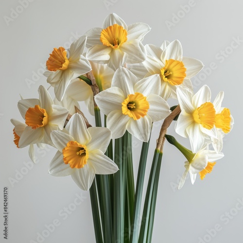 Blooming Beauty - Garden Daffodil Bouquet in Soft Light on White Background, Realistic 8K HD Photography with Delicate Shadows