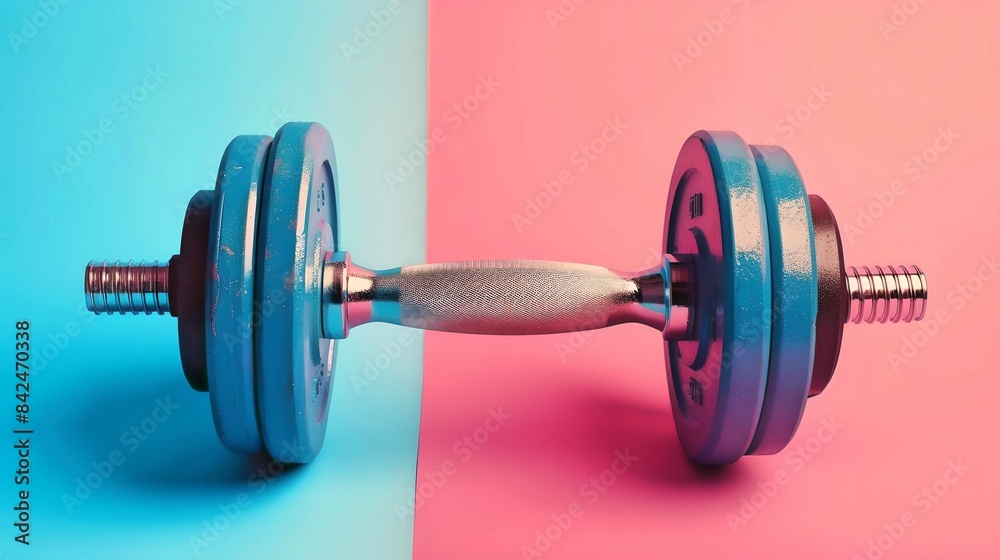 Obraz premium Close-up of a blue dumbbell against a split pink and blue background, emphasizing fitness and strength training.