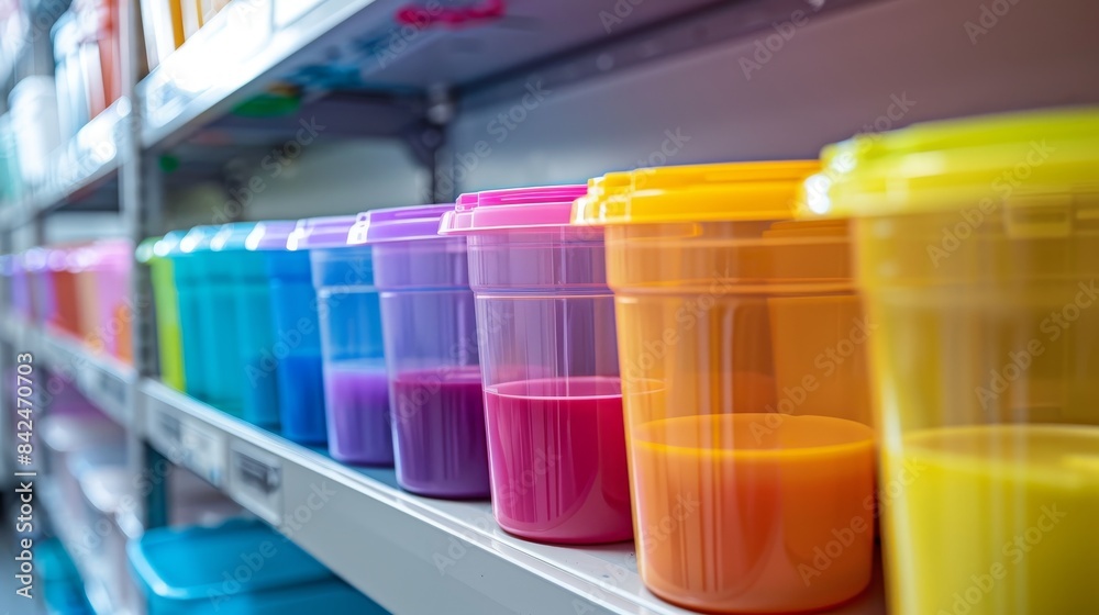Neatly arranged colorful plastic containers on a shelf, designated for different types of scientific waste, in a clean and orderly lab environment Neatly arranged colorful plastic containers on a shelf, designated for different types of scientific waste, in a clean and orderly lab environment