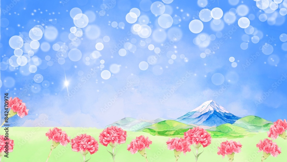 春の景色　カーネーションと富士山の背景素材イラスト