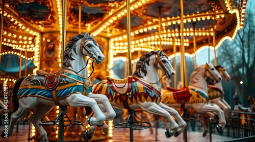 The excitement of a merry-go-round with white horses at the fairgrounds