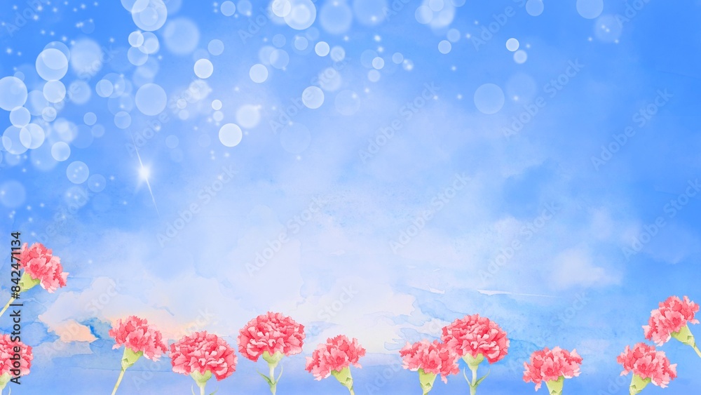 水彩で描いたカーネーションと青空の背景イラスト 水彩で描いたカーネーションと青空の背景イラスト