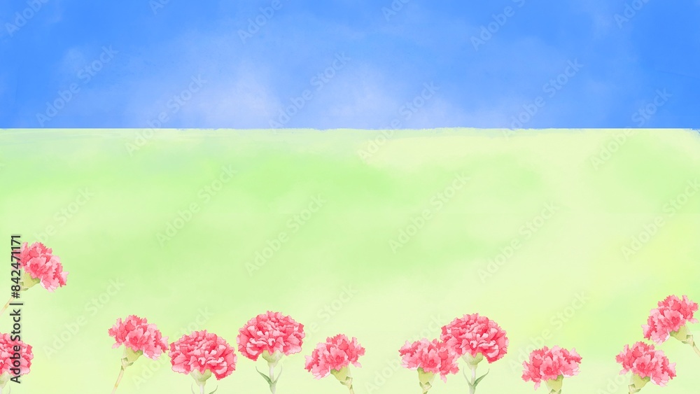 水彩で描いたカーネーションと青空の背景イラスト 水彩で描いたカーネーションと青空の背景イラスト