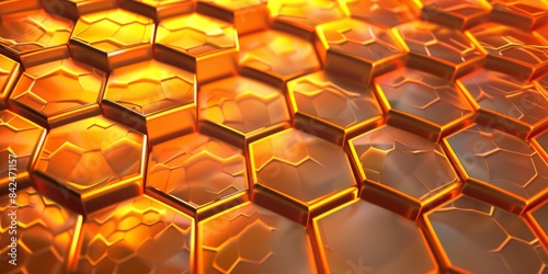 A close-up view of a golden hexagonal pattern, shining and reflective, with a honeycomb-like structure.