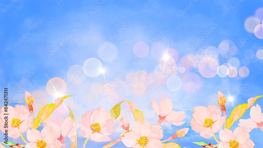 青空と可愛い桜の背景水彩イラスト 青空と可愛い桜の背景水彩イラスト
