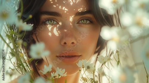 Young Woman With Brown Hair Posing in Front of Window With Flowers