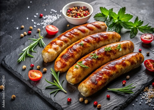 Close up of grilled sausages with fresh herbs and spices on black stone plate, grilled, sausages, fresh, herbs, spices, black, stone plate, close up, BBQ, delicious, savory, tasty, cooked