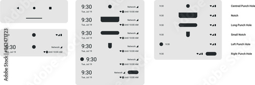 Status bar - Notch and punch hole display battery level time notification alerts and device. UI Components set template  Bars, classes smartphone OS long notch and pill drop