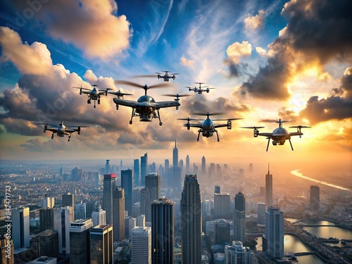 Fleet of drones flying above city skyline with clouds, technology, innovation, urban, aerial, cityscape, futuristic, surveillance, transportation, futuristic, modern, sky, architecture