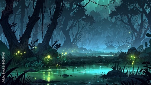 Mystical swamp cartoon background with glowing plants and eerie fog, ideal for spooky games. 2d style