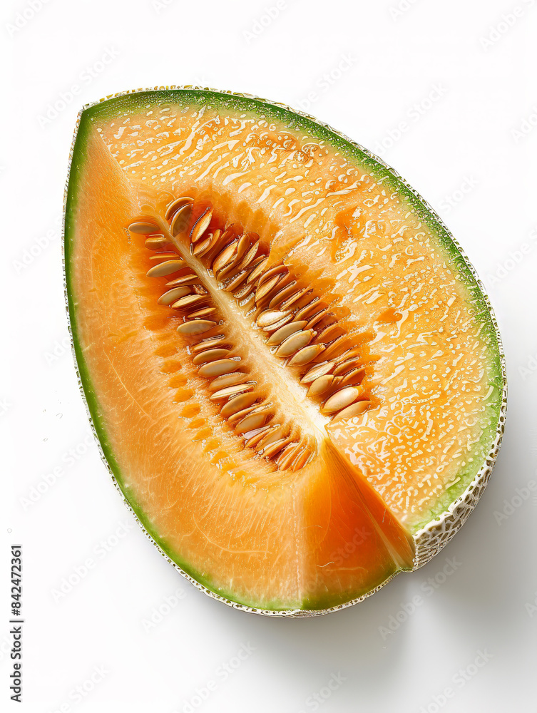Freshly cut cantaloupe slice with a slightly watery texture, set against a white background with soft light and no shadows Freshly cut cantaloupe slice with a slightly watery texture, set against a white background with soft light and no shadows