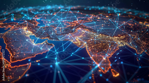 Digital landscape of South Asia featuring intricate cyber networks and connectivity hubs