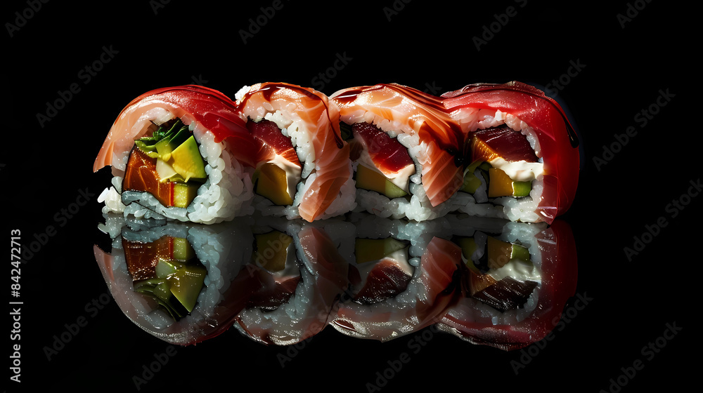Close-up photo of various sushi rolls, professional photography for a sushi restaurant