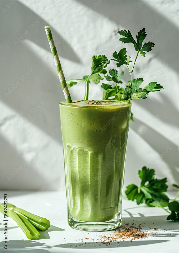 Fresh Green Smoothie with Celery and Coriander on a White Background in Natural Light Fresh Green Smoothie with Celery and Coriander on a White Background in Natural Light