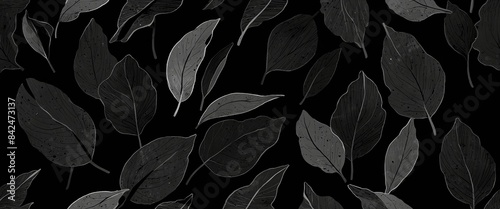Black leaves lay on a dark background, their voluminous forms, nature-inspired imagery, and lo-fi aesthetics apparent in light gray and dark black. Anime style photo