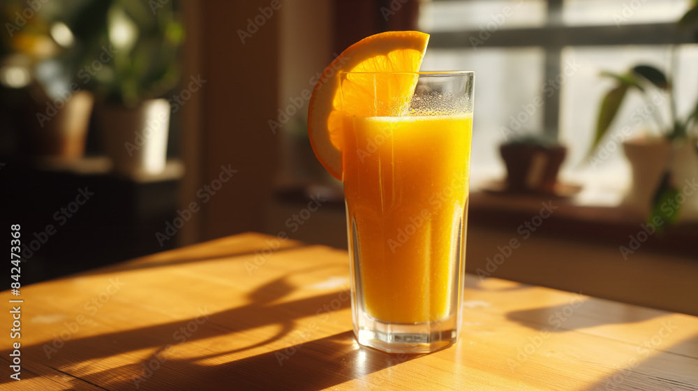 A glass of freshly squeezed orange juice with pulp, illuminated by sunlight on a bright morning A glass of freshly squeezed orange juice with pulp, illuminated by sunlight on a bright morning