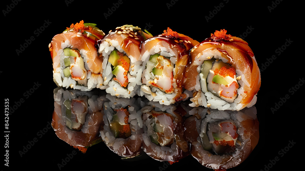 Close-up photo of various sushi rolls, professional photography for a sushi restaurant