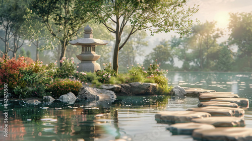 In a Japanese garden, a tiny island hosts a stone lantern photo