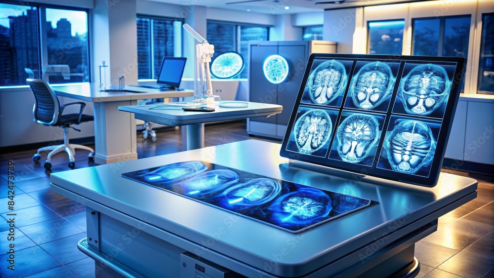 Naklejka premium Advanced interactive touch screen table displaying mri scans of brain anatomy, surrounded by cutting-edge medical equipment.