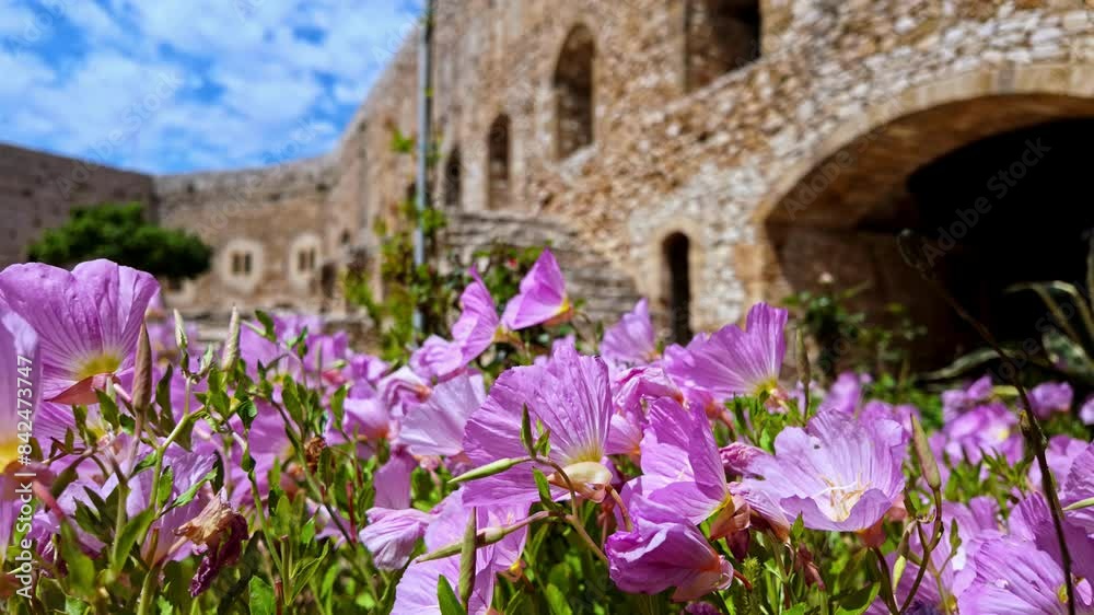 Pink cosmos flower at Chlemoutsi medieval Castle Museum in Greece Pink cosmos flower at Chlemoutsi medieval Castle Museum in Greece