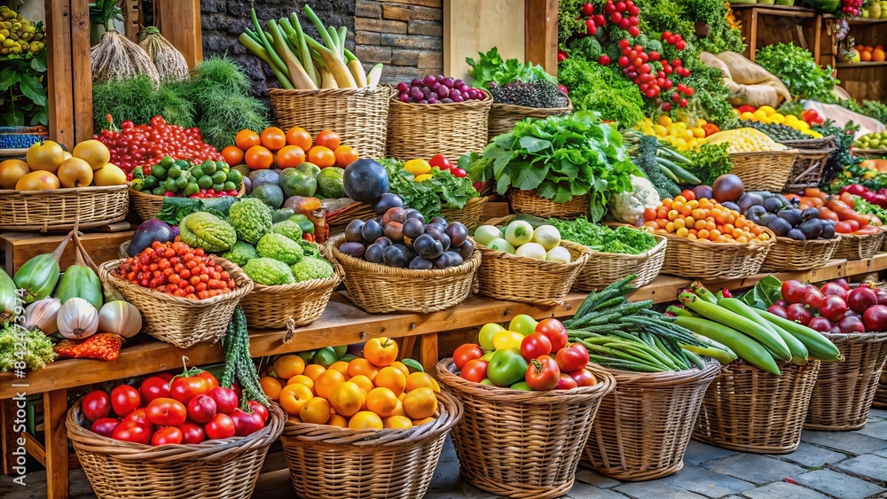 Vibrant colorful array of fresh sustainable fruits and vegetables artfully arranged on a rustic wooden market stall surrounded by woven baskets and recycled paper bags. Vibrant colorful array of fresh sustainable fruits and vegetables artfully arranged on a rustic wooden market stall surrounded by woven baskets and recycled paper bags.