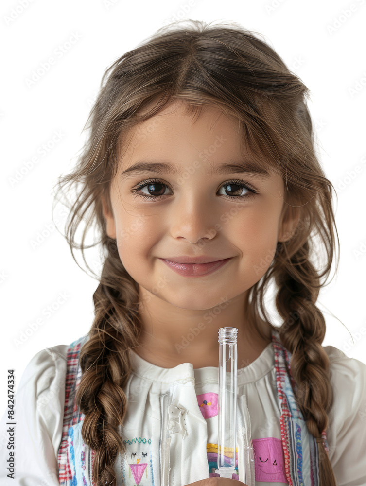 Smiling girl holding a test tube with brown hair in braids, wearing a white shirt. Education, science, and curiosity are represented. Smiling girl holding a test tube with brown hair in braids, wearing a white shirt. Education, science, and curiosity are represented.