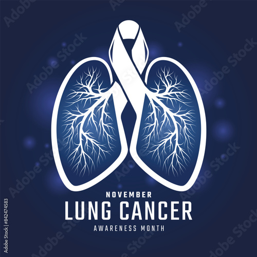 November, lung cancer awareness month - White ribbon to lung with root sign on dark blue light background vector design