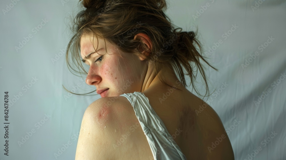 The girl was worried when her back was red from the sunburn. The girl was worried when her back was red from the sunburn.