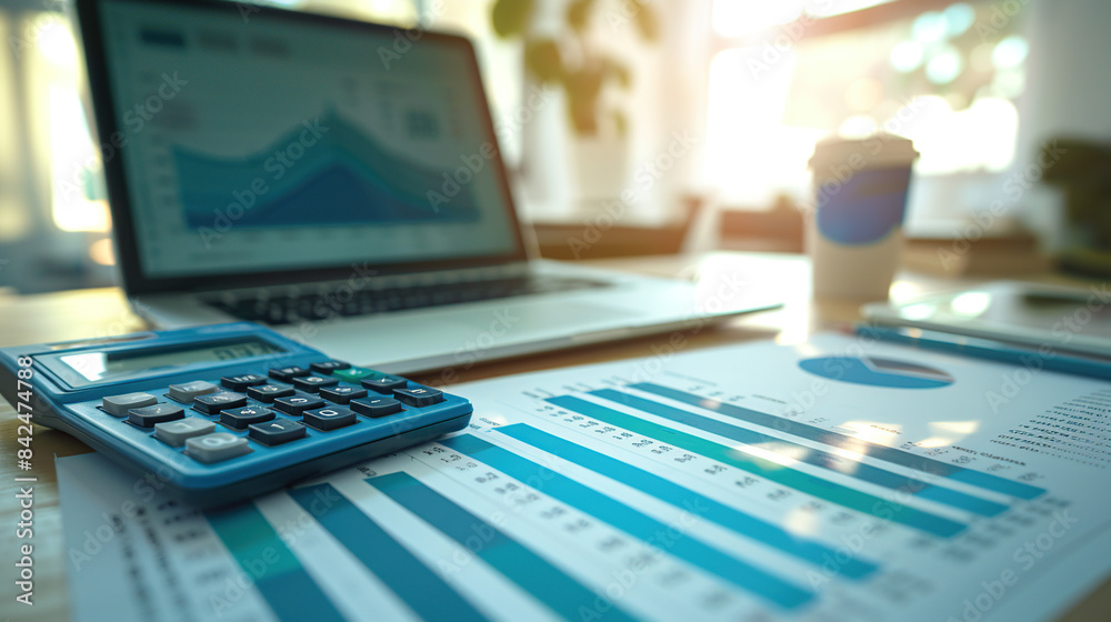 A calculator and financial charts on an office desk, with a laptop in the background, displaying graphs of growth data. A calculator and financial charts on an office desk, with a laptop in the background, displaying graphs of growth data.