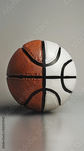 Basketball ball with striking design, split into two halves. One half crafted from traditional brown leather, other half made of smooth white leather. photo