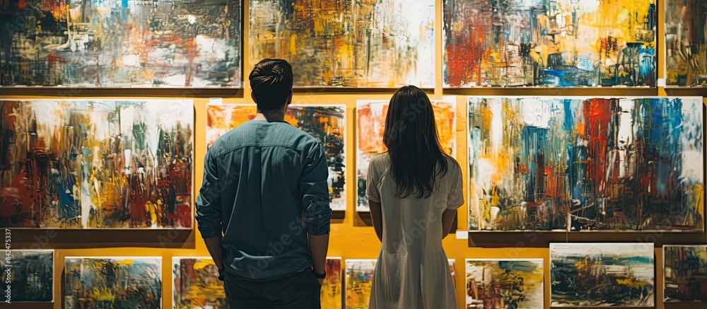 Visitors admiring artwork in a gallery setting with copy space image. Visitors admiring artwork in a gallery setting with copy space image.