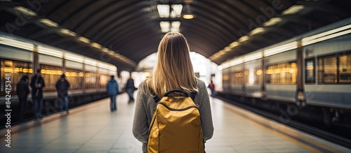 Fototapeta Naklejka Na Ścianę i Meble -  Tourist woman strolling at the train station with her luggage, depicting an active travel lifestyle concept in a copy space image.