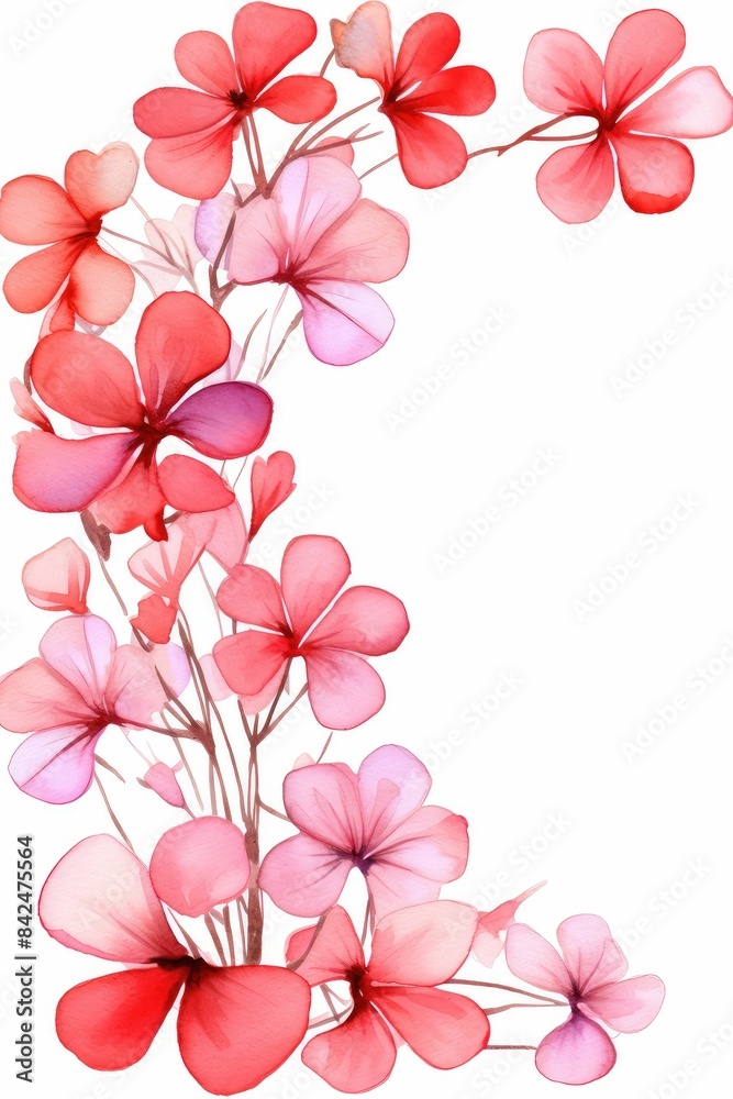 geranium themed frame or border for photos . with clusters of red, pink, and white blooms. watercolor illustration, white color background. geranium themed frame or border for photos . with clusters of red, pink, and white blooms. watercolor illustration, white color background.