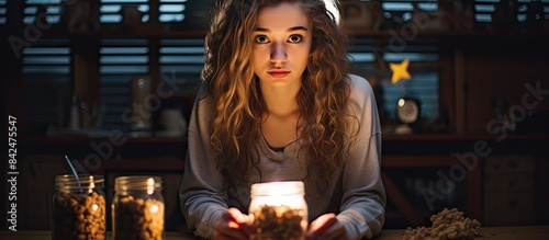 At night, a student girl is seen hands-on coffee cup and snack bar, with a dark background for copy space image.