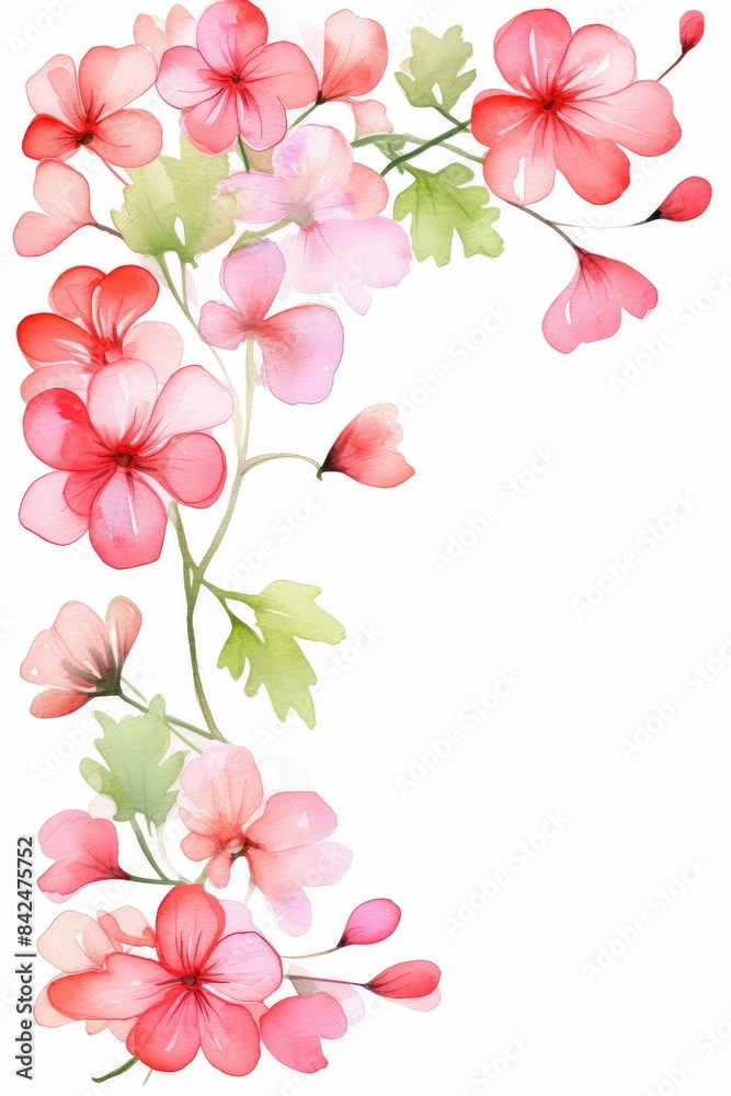 geranium themed frame or border for photos . with clusters of red, pink, and white blooms. watercolor illustration, white color background. geranium themed frame or border for photos . with clusters of red, pink, and white blooms. watercolor illustration, white color background.