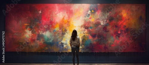 Fototapeta Naklejka Na Ścianę i Meble -  A woman is exploring an art gallery, observing pictures on the wall, gazing at photo frames and paintings, embodying the concept of people's lifestyle, depicted in the artwork with copy space image.