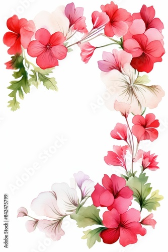 geranium themed frame or border for photos . with clusters of red, pink, and white blooms. watercolor illustration, white color background. 