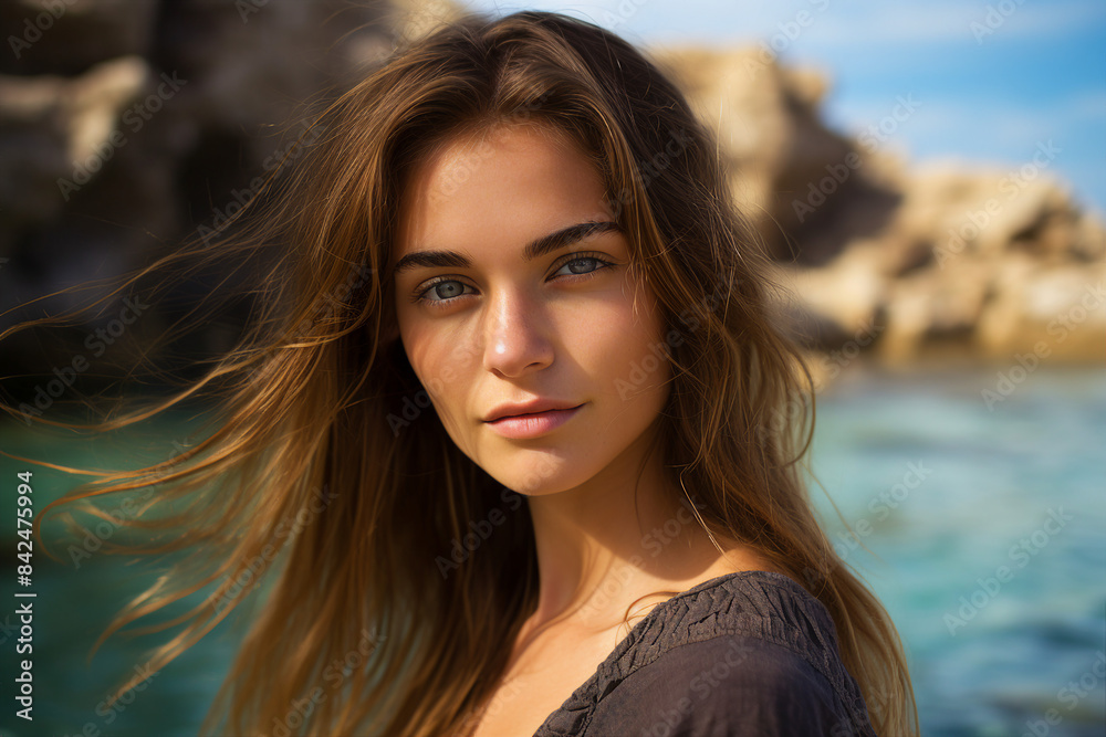 Fototapeta premium Generative AI image of smiling tourist at the beach enjoying sunny weather near the ocean natural and relaxed lifestyle