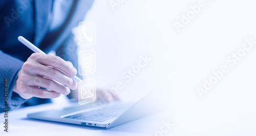 businessman using a laptop to contact customer support. help from mail websites digital technology of business contact service. icon ( address, phone, email, call ) contact us a concept.