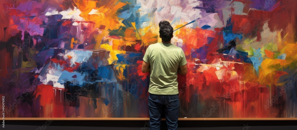 A stylish Hispanic man with dark hair adjusting a painting for display in a gallery, in a photo with empty space around it. Copy space image. Place for adding text and design A stylish Hispanic man with dark hair adjusting a painting for display in a gallery, in a photo with empty space around it. Copy space image. Place for adding text and design