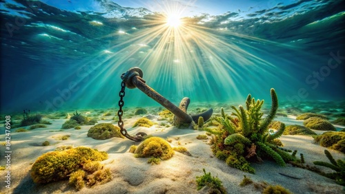 A weathered iron anchor rests on the sandy bottom of the ocean floor, covered in seaweed and barnacles, with sunlight filtering through the water above, ocean, anchor, sea, seabed, sand photo